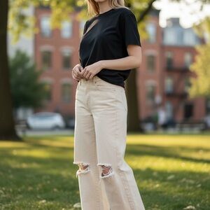 We The Free Wide-Leg Distressed Jeans — Cream